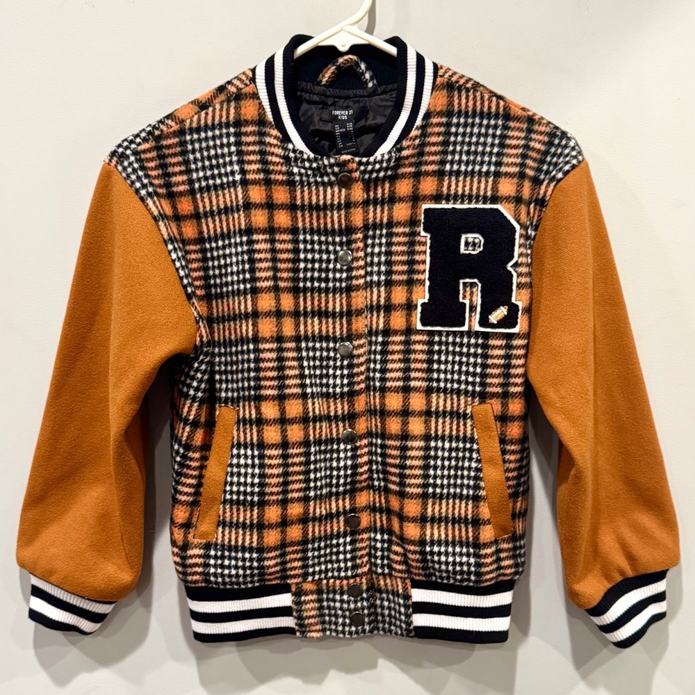 Forever 21 Plaid Brown Letter Varsity Jacket Embroidery Kids Boy’s Size 10 NWT